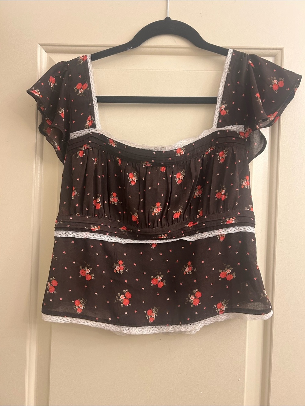 Free people Floral Square-Neck Brown Women's Top with Lace Trim